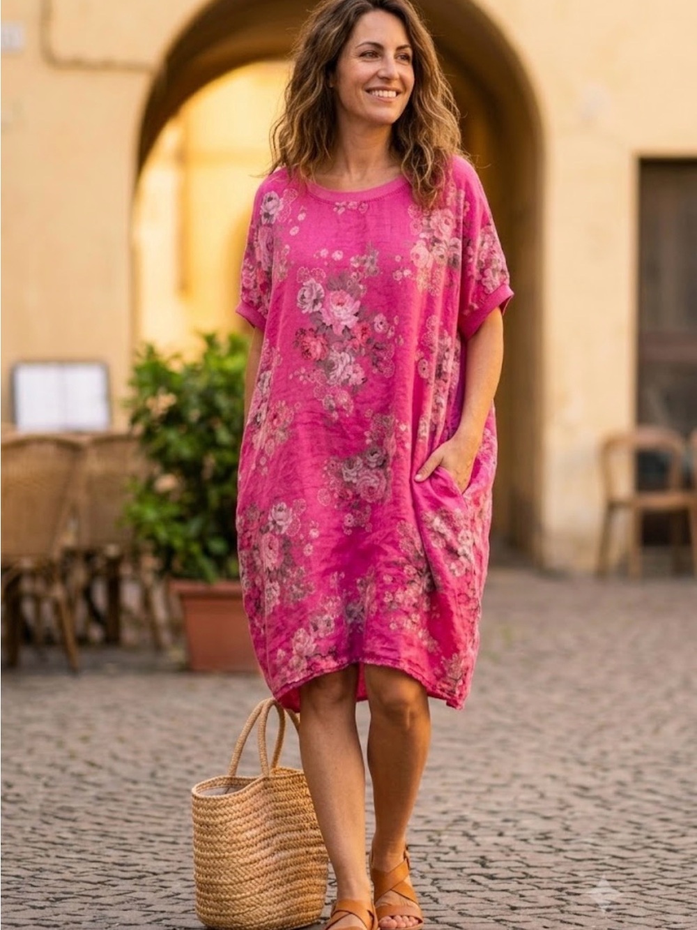 Made in Italy Hot Pink Floral 100% Linen Oversized Dress with Pockets